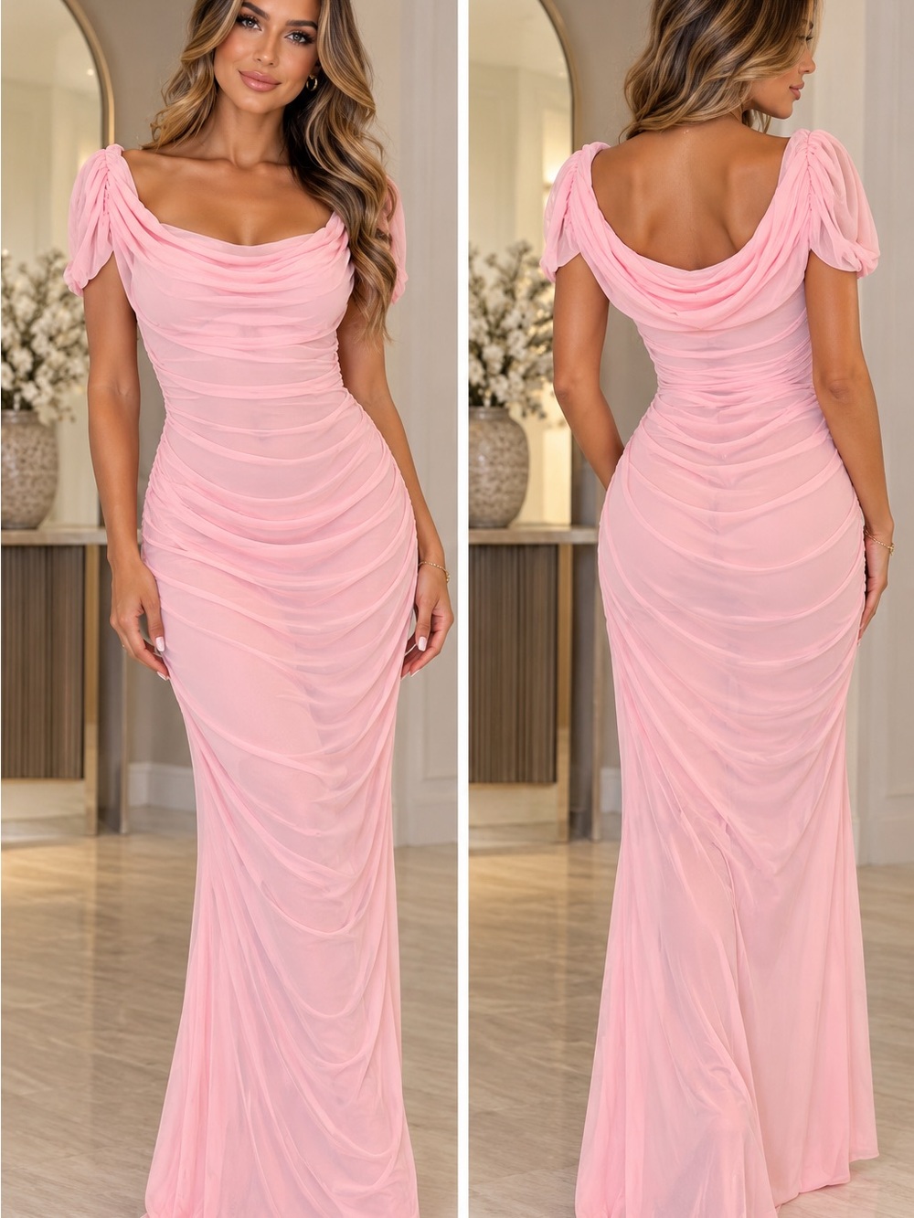 Blush Pink Ruched Maxi Dress with Draped Cowl
